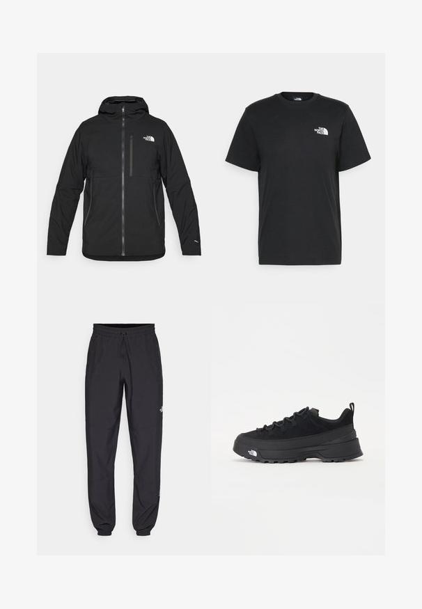 Casaco com capuz preto, feito de tecido texturizado, com um fecho dianteiro, um bolso no peito e um logótipo no lado superior esquerdo.; T-shirt de algodão preto com mangas curtas, decote redondo e um pequeno logótipo branco no lado esquerdo do peito. Design simples, textura suave e corte relaxado.; Calças atléticas pretas feitas de tecido leve, com um cós ajustável por cordão, bolsos laterais e punhos afunilados nos tornozelos.; Sapatilha de exterior preta com parte superior em camurça, sola de borracha texturizada e sistema de atacadores robusto. Apresenta um calcanhar reforçado e o logótipo da marca na lateral.