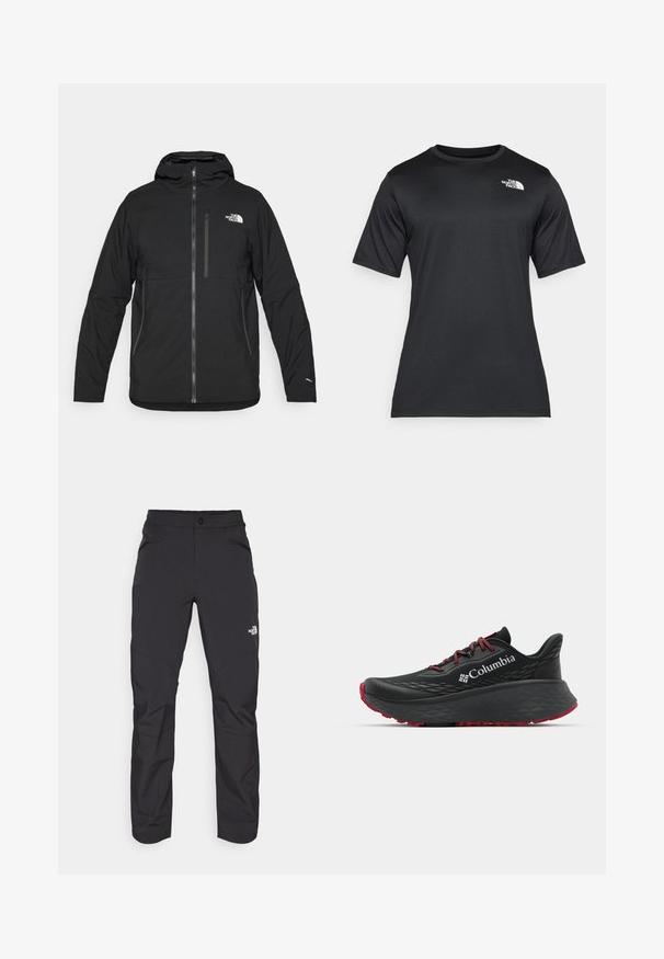 Sort hættetrøje lavet af struktureret stof, med en frontlynlås, en brystlomme og et logo øverst til venstre.; Sort kortærmet t-shirt lavet af letvægts, fugttransporterende materiale. Har et hvidt logo på venstre bryst og en rund halsudskæring.; Sorte udendørs bukser med lynlåslomme foran, syntetisk materiale, tætsiddende ben og forstærkede knæpaneler. Har en knaplukning.; Sort atletisk sko med struktureret overdel, røde snørebånd og logo. Tykk sål med mønstret bund for godt greb. Minimalistisk design, set fra siden.