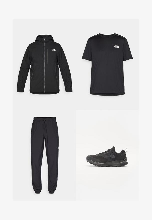 Crna kapuljača jakna od teksturirane tkanine, s prednjim zatvaračem, džepom na prsima i logotipom na gornjoj lijevoj strani.; Crna majica kratkih rukava izrađena od lagane tkanine. Ima mali bijeli logo na lijevoj strani grudi i suptilne naglaske na ramenima.; Crne sportske hlače od lagane tkanine, s pojasom na vezanje, bočnim džepovima i suženim manžetama na gležnjevima.; Crne sportske tenisice s mrežastim gornjim dijelom, gumiranom potplatom i podstavljenim rubom. Imaju vezice, logo sa strane i teksturirani dizajn.
