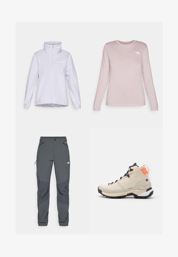Gaiši violetas ūdensnecaurlaidīga jaka ar augstu apkakli, garām piedurknēm un rāvējslēdzēju priekšpusē. Iespējo neliela logo uz krūtīm. Gluda tekstūra.; Garā piedurkne krekls no maigas rozā auduma ar apļveida kakla izgriezumu, ar baltu logo kreisajā krūtī un pielāgotām piedurknēm.; Tumši pelēki ārējie bikses ar pastiprinātiem ceļiem, ar rāvējslēdzējiem sānu un priekšējiem kabatām, pogu aizdari un The North Face logotipu uz augšstilba.; Salewa PUEZ MID PTX - Pārgājienu apavi - oatmeal