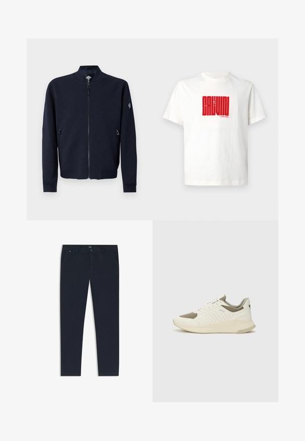 Navy bomber jacket with a zipper closure, knit cuffs, and side pockets; features a textured surface and a logo accent on the sleeve.; White cotton t-shirt featuring a large red graphic print of "CALVIN KLEIN" on the front, with a crew neckline and short sleeves.; Navy blue trousers made of lightweight fabric, featuring a straight leg design, side pockets, and a front button closure with branding detail.; White and light beige athletic sneaker, featuring a mesh upper, perforated detailing, and a textured midsole with branding on the heel.