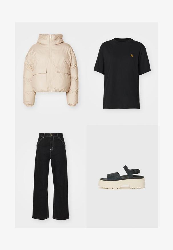 Cream cropped puffer jacket made of quilted fabric featuring a front zipper, two flap pockets, and elasticized cuffs. Hooded design.; Black cotton t-shirt with a relaxed fit. Features a round neck and short sleeves. Includes a small gold embroidered logo on the chest.; Black wide-leg jeans made of denim, featuring contrasting white stitching and a front button closure, with two angled front pockets.; Black suede platform sandals with a chunky white sole, wide front strap, and adjustable ankle buckle. Textured outsole for grip.