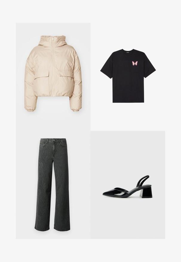 Krem krāsas pufers jaka ar īsu piegriezumu, izgatavota no quiltotas auduma, ar priekšēju rāvējslēdzēju, divām atloka kabatām un elastīgām aprocem. Ar kapuci.; Melna kokvilnas T-krekls ar īsām piedurknēm, kuram priekšā kreisajā pusē ir neliels rozā tauriņa grafiskais attēls. Ar apaļu kaklu un brīvā stila piegriezumu.; Plaša kāju džinsi tumši pelēkā denimā, ar vieglu zebra rakstu tekstūru, kontrastējošām šuvēm un piecu kabatu dizainu ar pogu aizdari.; Melna lakota āda ar atvērto papēdi, ar smailu purngalu un ģeometrisku blokpapēdi. Iezīmējas elegants, minimāls dizains un gluda tekstūra.