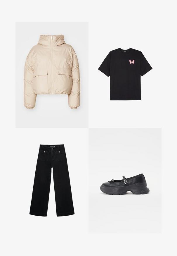 Krémová krátká puffer bunda vyrobená z prošívané tkaniny, s předním zipem, dvěma klopovými kapsami a elastickými manžetami. S kapucí.; Černé bavlněné tričko s krátkým rukávem, na levém prsou s malou grafikou růžové motýlky. Design s kruhovým výstřihem a volným střihem.; Černé široké džíny s vysokým pasem, obsahující dvě přední kapsy a kovové knoflíkové detaily. Látka má hladkou texturu.; Černá kožená botička Mary Jane se zaoblenou špičkou, detailem mašle a nastavitelným páskem kolem kotníku. Disponuje chunky gumovou podrážkou s zakřivenými akcenty.