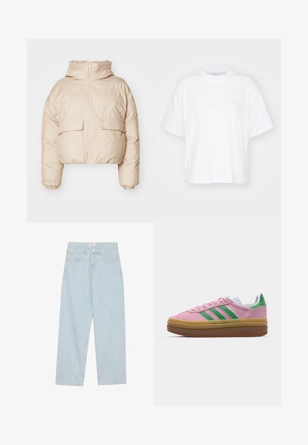 Kremfarget cropped pufferjakke laget av quiltet stoff, med glidelås foran, to klaffelommer og elastiske mansjetter. Med hette.; Hvit bomulls t-skjorte med rund hals, korte ermer og en avslappet passform. Har en subtil logo på venstre brystområde. Glatt tekstur.; Lys blå vide jeans laget av denim, med middels høyde på livet, fem lommer og en knappelukking med en slank metalldetalj.; Rosa semskede sneakers med grønne striper, hvite detaljer og en brun gummisåle. Har teksturert stoff og logodetaljer på siden.