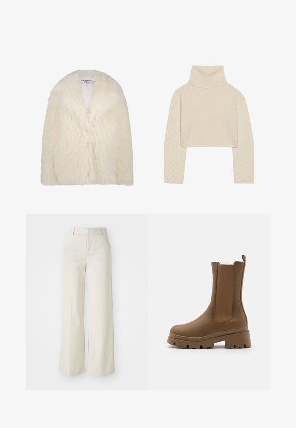 Colourful Rebel ULLA - Klasisks mētelis - off white; Krēmbalti cropped džemperis ar augstu kakla izgriezumu, ar teksturētu adījumu un zāģu zobiņu raksta piedurknēm. Izgatavots no mīksta dzijas materiāla.; Platas kājās bikses gaisā bežā krāsā, izgatavotas no gludas auduma. Iezīmē klasisku jostasvietu un plakanu priekšpusi ar tīrām līnijām.; Brūni potīte ar gludu ādas apdari, elastīgām sānu daļām un masīvu zoli. Iekļauj aizmugurē esošu cilpu, kas atvieglo uzvilkšanu.