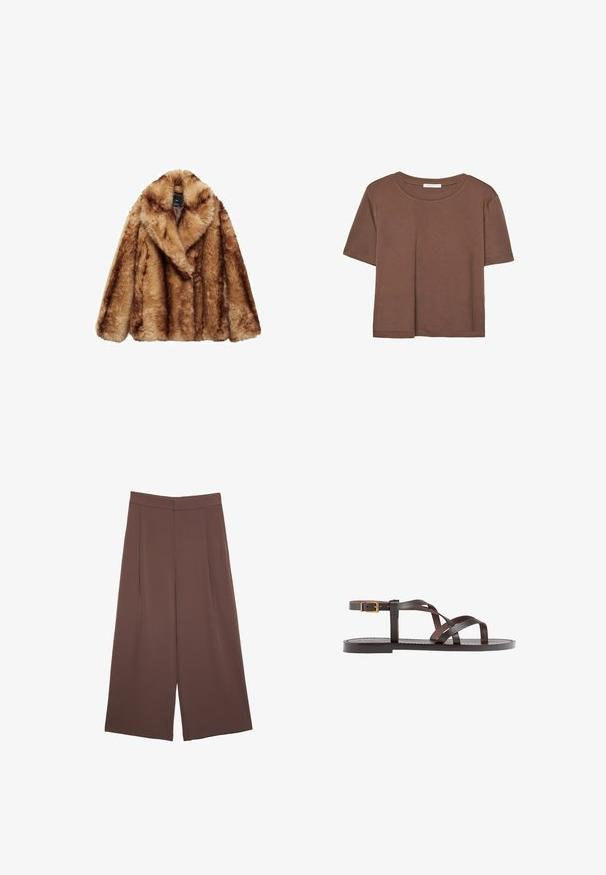 Giacca in pelliccia sintetica marrone con un ampio colletto, maniche lunghe e una texture morbida e fluffosa. Caratterizzata da una vestibilità ampia e senza chiusure visibili.; Maglietta a maniche corte marrone realizzata in tessuto morbido, con scollatura rotonda e vestibilità rilassata. Nessun motivo o dettaglio visibile.; Pantaloni ampi marroni con una texture liscia, caratterizzati da una vita alta e pieghe frontali. Il tessuto è leggero e scorre liberamente.; Sandal in pelle marrone con cinturini incrociati, chiusura con cinturino alla caviglia e suola piatta con dettagli di cucitura minimi.