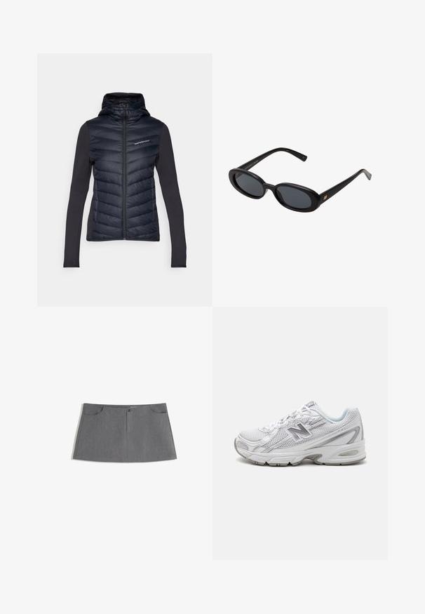 Peak Performance FROST HYBRID HOOD - Daunenjacke - black; PULL&BEAR Top - white; Grauer Rock mit geradem Schnitt, zwei Vordertaschen, einer Frontknopfleiste und einem dezenten Texturmuster.; Weißer Sportschuh mit Obermaterial aus Mesh, reflektierenden Akzenten und gepolsteter Sohle. Verfügt über eine abgerundete Zehenpartie und ein Schnürsystem für einen sicheren Sitz.; Schwarze, oversized Sonnenbrillen mit ovalen Gläsern, glattem Kunststoffrahmen und goldenen Akzenten an den Bügeln. Die dunklen Gläser bieten Sonnenschutz.