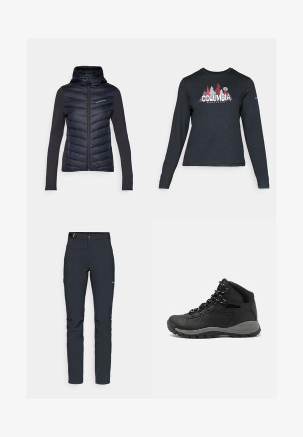 Peak Performance FROST HYBRID HOOD - Untuvatakki - black; Tummanharmaa pitkähihaisen paidan graafinen kuva punaisista puista ja vuorista; "COLUMBIA" -logo lihavoituna valkoisella tekstillä. Pehmeä kangas, normaali pyöreä kaula-aukko.; Miestne vonkajšie nohavice, tmavo šedé, vyrobené z flexibilného materiálu, s opaskom, zipsovými vreckami a zosilneným šitím.; Musta vaelluskenkä, jossa on puolivartinen muotoilu, jolle on ominaista teksturoitu päällinen, harmaat yksityiskohdat ja kestävä kumipohja, jossa on pitoita lisääviä lukuja.