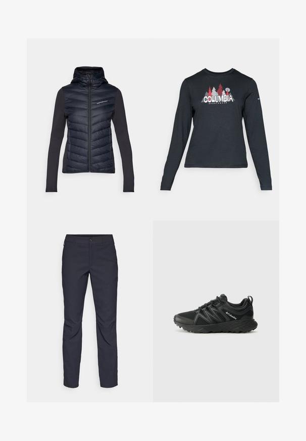 Peak Performance FROST HYBRID HOOD - Untuvatakki - black; Tummanharmaa pitkähihaisen paidan graafinen kuva punaisista puista ja vuorista; "COLUMBIA" -logo lihavoituna valkoisella tekstillä. Pehmeä kangas, normaali pyöreä kaula-aukko.; Tummansiniset housut, jotka on valmistettu sileästä kankaasta. Niissä on edessä nappikiinnitys, slim fit -malleista, ja polvissa on taitteet.; Columbia PEAKFREAK - Vaelluskengät - black