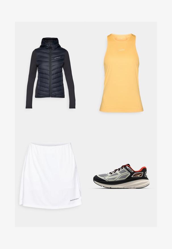 Peak Performance FROST HYBRID HOOD - Piumino - black; Canottiera sportiva gialla senza maniche realizzata in tessuto traspirante, con scollatura tonda e un piccolo logo sul davanti.; Gonna sportiva bianca con una texture liscia, una cintura larga e un logo nell'angolo in basso a destra. Presenta una vestibilità morbida per garantire comfort.; Scarpa sportiva con tomaia in tessuto nero e rosso, pannelli in rete, suola intermedia bianca imbottita e suola esterna nera con texture.