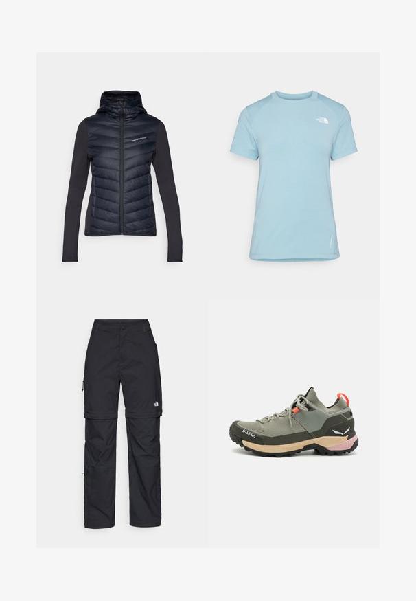 Peak Performance FROST HYBRID HOOD - Down jacket - black; Light blue short-sleeve t-shirt with a crew neck. Features soft fabric, raglan sleeves, and a white logo on the upper left chest.; Black nylon zip-off cargo trousers with adjustable cuffs, multiple pockets, and a logo on the right leg. Smooth, lightweight texture.; Lightweight green hiking shoe with mesh and rubber materials, black traction outsole, pink and orange accents, and reinforced toe cap.