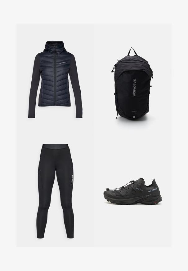 Peak Performance FROST HYBRID HOOD - Dūnu jaka - black; Balto piedurkņu baltā sporta krekls ar augstāku apkakli un mazu centrētu logotipu uz krūtīm, attēlots uz vienkārša fona.; Melnas sportiskas legingas ar pieguļošu dizainu, izgatavotas no elastīga materiāla. Iekļauj sānu kabatas un baltu "TERREX" zīmolu.; Melnas skriešanas kurpes ar teksturētu augšdaļu, acs paneļiem un drošu aizdari. Iespējām raupja zole labākai saķerei.; Melna mugursoma ar plānu dizainu, teksturētu audumu, regulējamām siksnām un izteiksmīgu sudraba "SALOMON" logotipu uz priekšpuses.