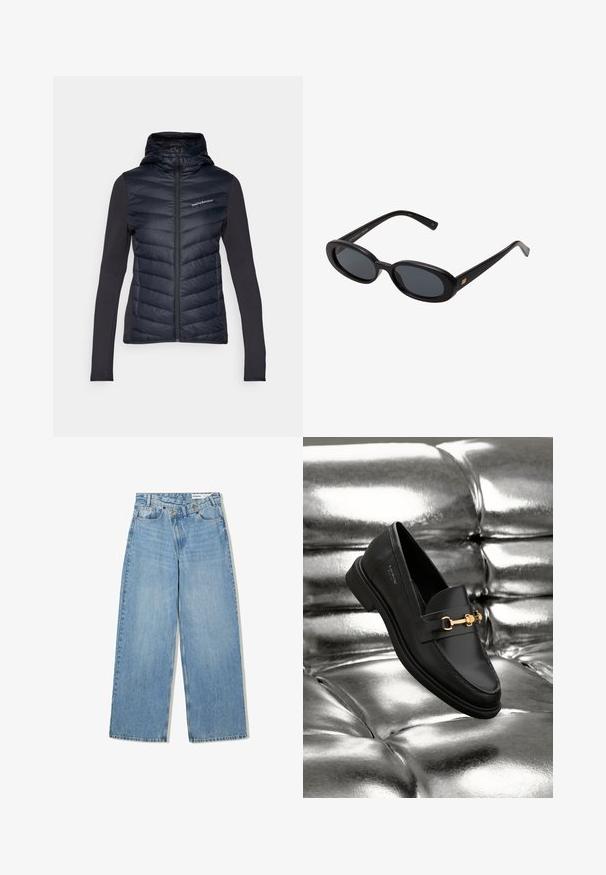 Peak Performance FROST HYBRID HOOD - Doudoune - black; Chemise blanche à manches longues, col rond, vue de dos, posée à plat sur un fond blanc.; Jean large bleu clair en denim, avec taille haute, cinq poches, fermeture à bouton et un léger délavage pour la texture.; Mocassin en cuir noir avec un détail en métal doré. La chaussure présente un design épuré et une texture lisse et brillante.; Lunettes de soleil noires surdimensionnées avec des verres ovoïdes, monture en plastique lisse et accents dorés sur les tempes. Les verres sombres offrent une protection contre le soleil.