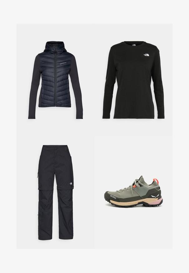 Peak Performance FROST HYBRID HOOD - Dunjacka - black; Svart långärmad t-shirt i bomull med rund hals. Har en liten vit logotyp på vänster bröstområde. Enkelt design och passform.; Svarta nylonbyxor med avtagbara ben, justerbara muddar, flera fickor och en logotyp på högra benet. Slät, lätt textur.; Lättviktsgrön vandringssko med mesh- och gummimaterial, svart yttersula för bra grepp, rosa och orange detaljer samt förstärkt tåhätta.