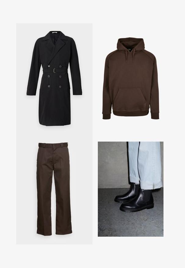 Melnas divrindas tranšejas mētis ar iegrieztiem atlājiem, jostu un lielām pogām. Gluda auduma, strukturēta silueta un garām piedurknēm.; Brūns kapucēts krekls, izgatavots no mīkstas auduma, ar priekšējo kabatu, ribotām piedurknēm un apakšmalu. Gluda tekstūra ar regulējamiem sašņorējumiem.; Brūni bikses ar taisnu kāju griezumu, ar platu priekšu, jostu cilpiņām un gludu tekstūru. Vienkārša dizaina bez rakstiem vai akcentiem.; Melnas ādas Čelsija zābaki ar elastīgām sānu daļām un teksturētu gumijas zoli, apvienoti ar gaiši ziliem nolocītiem denim džinsiem.