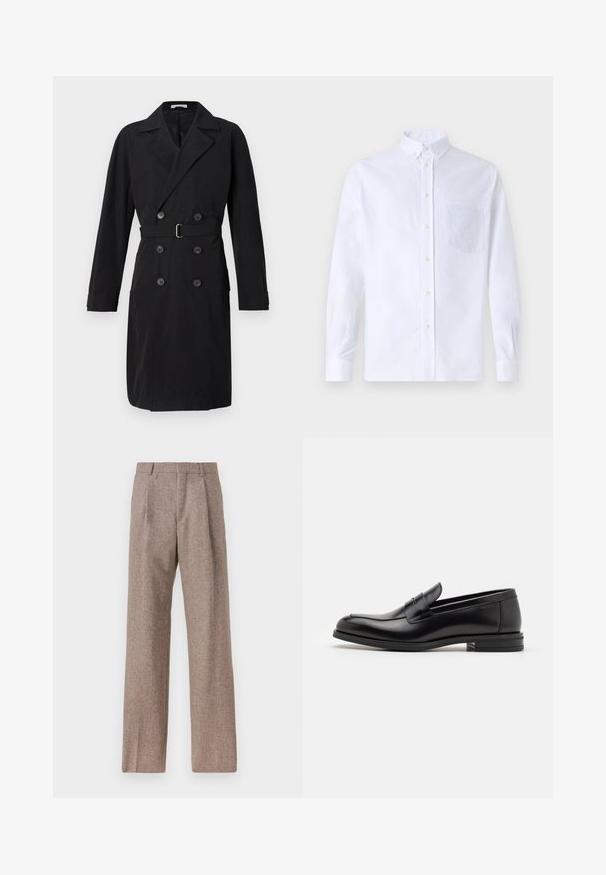 Μαύρο διπλό ύφασμα παλτό με όρθια πέτα, ζώνη και μεγάλα κουμπιά. Λείο ύφασμα με δομημένη σιλουέτα και μακριά μανίκια.; Λευκό πουκάμισο με μακρύ μανίκι, φτιαγμένο από βαμβάκι, με τσέπη στο στήθος με τονικό κέντημα, γιακά και κουμπιά στους μανικέτες.; Καφέ παντελόνι με ψηλή μέση από υφαντό ύφασμα. Διαθέτει φαρδιές καβάτζες και δύο μανίκια μπροστά για δομή. Καθαρή φινίρισμα χωρίς ορατό εξοπλισμό.; Μαύρες δερμάτινες μπαλαρίνες με λεία υφή, στρογγυλή μύτη και διακοσμητική ταινία πάνω από το επάνω μέρος. Χαμηλός καπιτώνας, μινιμαλιστικός σχεδιασμός.