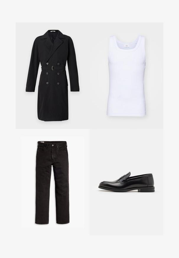 Musternahk must-trench coat, mille valdne kaelus, vöö ja suured nööbid. Sile kangas, struktureeritud siluett ja pikad varrukad.; Valge puuvillane golfi särk ilma varrukateta, ümmarguse kaelusega, sileda tekstuuri ja sobiva lõikega, mõeldud igapäevaseks kandmiseks.; Mustad sirgedega teksapüksid viie taskuga, nööpidega kinnitamine ja vöökohaga, lamab tasasele valgele taustale.; Mustad mustad nahast loafers sileda tekstuuriga, ümarat ninaosa ja dekoratiivne riba vampi üle. Madal kihiline konts, minimalistlik disain.