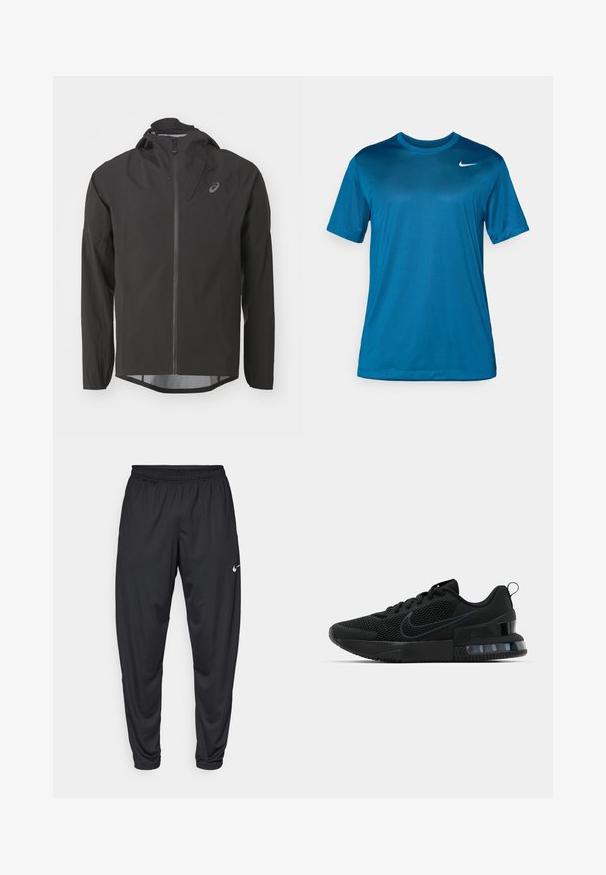 Crna vodootporna jakna s prednjim zatvaračem, podesivom kapuljačom i dugim rukavima. Ima glatku teksturu i suptilan logotip na prsima.; Majica s kratkim rukavima za sport u plavoj boji, izrađena od glatkog, materijala koji upija vlagu. Ima okrugli izrez i mali logo na prsima.; Crne atletske hlače s elastičnom trakom u struku, sužene nogavice i mali bijeli Nike logo na lijevom bedru. Glatka tkanina, bez uzoraka.; Crne Nike sportske tenisice s mrežastim gornjim dijelom, gumenim potplatom, podstavljenim ovratnikom i istaknutim prozirnim akcentom na peti.