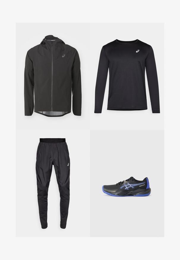 Svart vanntett jakke med glidelås foran, justerbar hette og lange ermer. Har en jevn tekstur og en subtil logo på brystet.; Svart langermet treningstrøye laget av teksturert stoff, med rund hals og en liten logo på brystet.; Svarte treningsbukser med elastisk midjebånd, sidelommer og kontrasterende teksturpaneler på bena. Asics-logo på hoften.; Svart idrettssko med blå detaljer, med perforert overdeler, teksturert såle og logo. Rund tå og polstret hæl.