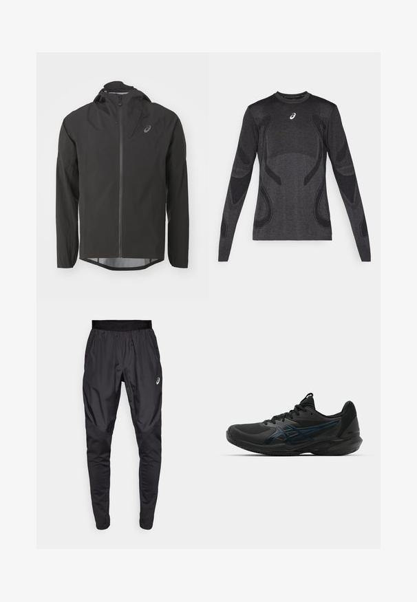 Melnā ūdensizturīgā jaka ar rāvējslēdzēju priekšā, regulējamu kapuci un garām piedurknēm. Iezīmē gludu tekstūru un diskrētu logotipu uz krūtīm.; Tumšpelēkās krāsas sporta krekls ar garām piedurknēm, kuram ir teksturēti akcenti gaišākā pelēkā krāsā. Ar apaļu kakla izgriezumu un ar logotipu uz krūtīm.; Melni sporta bikses ar elastīgu jostasvietu, sānu kabatām un kontrastējošām tekstūras paneļiem uz kājām. Asics logo uz gūžas.; ASICS SOLUTION SPEED FF 3 CLAY - Māla virsmas laukuma tenisa apavi - black/prism blue