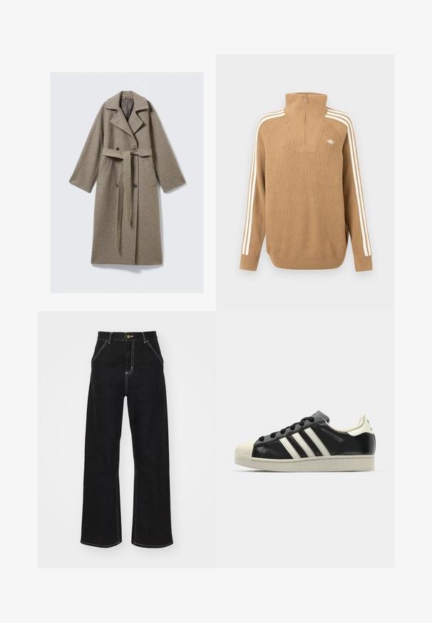 Ilgas smėlio spalvos vilnonis paltas su diržu liemens srityje, su įpjauta apykakle, dvisuoniu priekiu ir dviem šoninėmis kišenėmis. Audinys turi tekstūrą ir yra laisvo silueto.; Ruda juosta megztinis su aukštu apykakle ir pusiau užtrauktuku, su trimis baltomis juostelėmis ant rankovių ir mažu logotipu ant krūtinės.; Juodi platūs džinsai, pagaminti iš džinsinio audinio, su kontrastingomis baltomis siūlėmis ir priekiniais mygtukais, turintys du kampinius priekinio kišenes.; Juodi odiniai sportiniai bateliai su baltais dryžiais, guminis toe kapas, juodi raišteliai ir kreminis padas. Lygus pavirčius su blizgiu finišu.