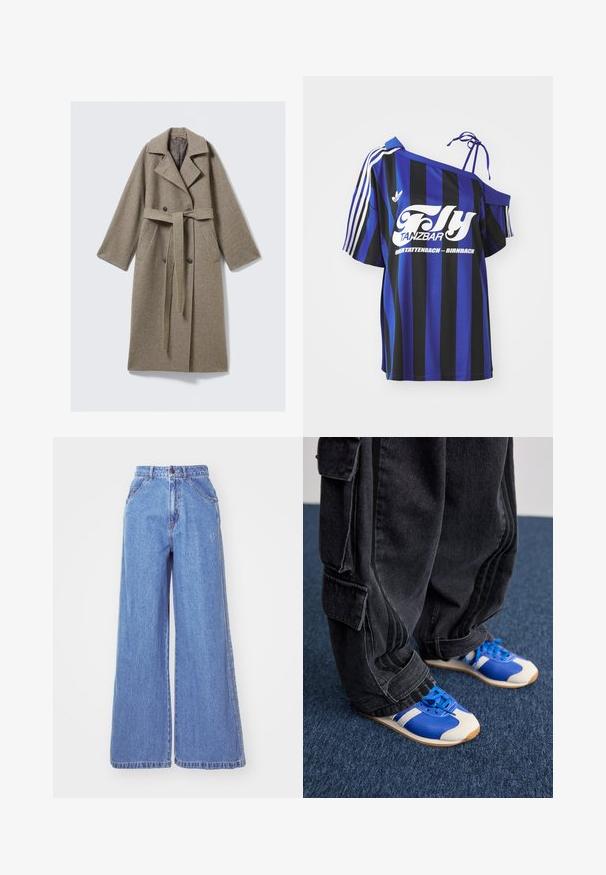 Cappotto lungo in lana beige con vita a cintola, colletto a risvolto, davanti doppiopetto e due tasche laterali. Tessuto strutturato e vestibilità morbida.; Maglietta oversize a righe blu e nere con un design a spalla scoperta, caratterizzata da testo stampato bianco e tre righe bianche sul maniche.; adidas Originals Jeans a sigaretta - light denim; Persona che indossa pantaloni cargo neri larghi e sneakers blu e bianche, in piedi su un tappeto blu scuro.