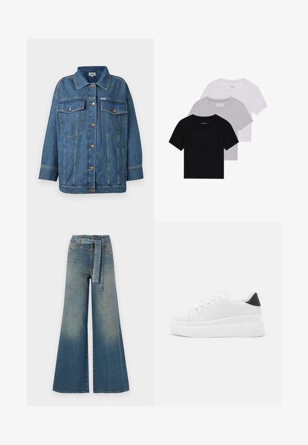 Blauwe spijkerjacket met knopenfront, twee knoop-flap borstzakken, zijzakken en contrasterende stikseldetails.; Set van drie korte mouwen t-shirts in zwart, grijs en wit. Gemaakt van katoen, met een ronde hals en een eenvoudig, effen kleurontwerp.; Wijduitlopende denim broek met een lichte naar donkere blauwe gradient, hoge taille, riemlussen en een bijpassende stoffen riem. Gestructureerde denimafwerking.; Witte platform sneakers van glad synthetisch materiaal, met een afgeronde neus, vetersluiting en een gestructureerde rubberen zool. Zwarte hielaccent.