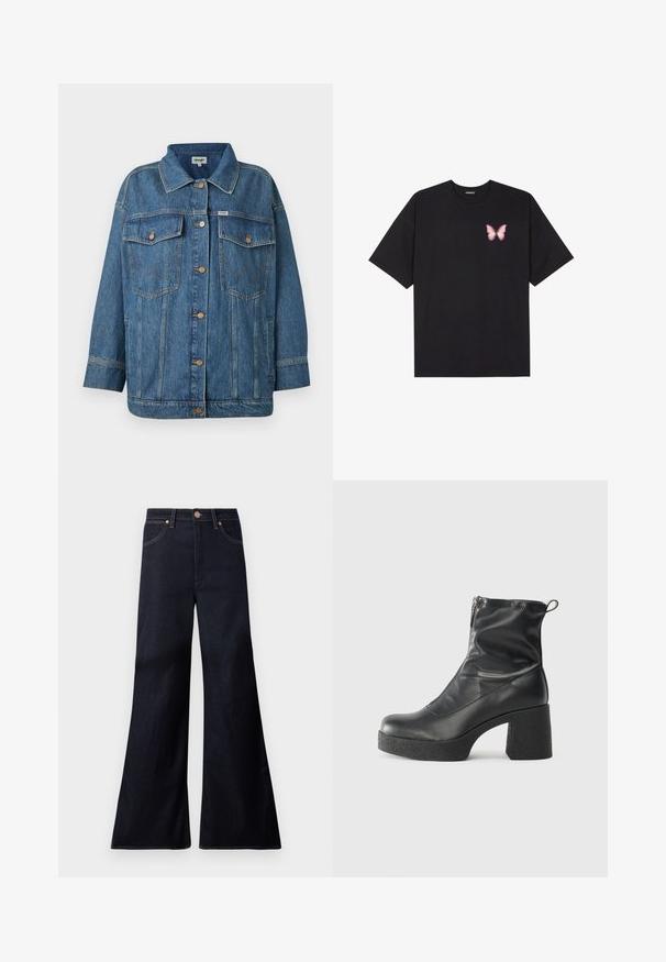 Modrá džínová bunda s predným zapínaním na gombíky, dvoma náprsními vreckami so klopami, bočnými vreckami a kontrastným prešívaním.; Čierne bavlnené tričko s krátkymi rukávmi, s malým ružovým motýlikom na ľavej hrudi. Design s okrúhlym výstrihom a uvoľneným strihom.; Tmavomodré široké džínsy vyrobené z denimu. Vlastnosti zahŕňajú zapínanie na prednej strane, medený kovový prvok a kontrastný stehovaný vzor pozdĺž švov.; Čierne členkové topánky z hladkej kože, so bočným zipsom, robustnou textúrovanou pätnou časťou a zaobleným dizajnom špičky.