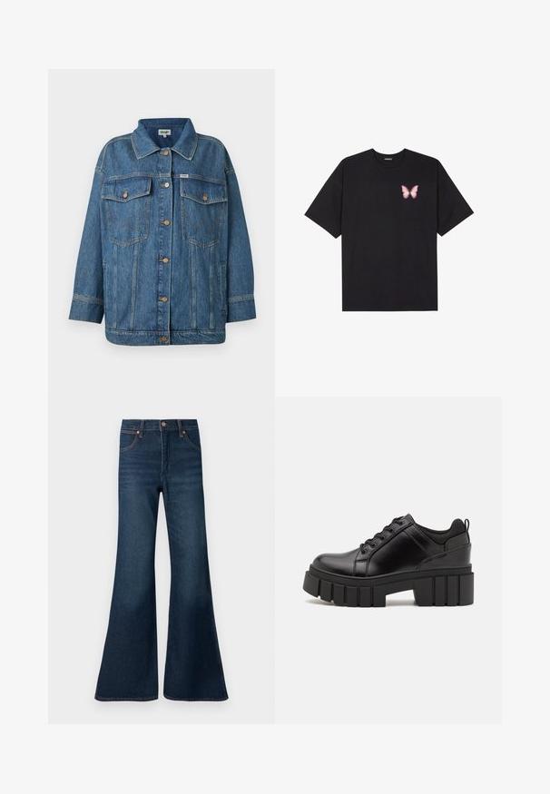 Jaqueta de ganga azul com fecho de botões na frente, dois bolsos de peito com aba, bolsos laterais e detalhes em costura de contraste.; T-shirt de algodão preto com mangas curtas, apresentando um pequeno gráfico de borboleta rosa no lado esquerdo do peito. Design de gola redonda com um corte solto.; Wrangler Calças de ganga à boca de sino - whirlpool; Sapatos de plataforma em couro preto com um salto bloco robusto, bico redondo e design clássico de atacadores. Apresentam uma textura suave e detalhes mínimos.