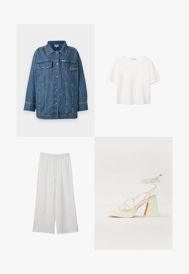 Blauwe spijkerjacket met knopenfront, twee knoop-flap borstzakken, zijzakken en contrasterende stikseldetails.; Witte korte mouwen t-shirt van katoen. Heeft een ronde halslijn en een ontspannen pasvorm. Glad textuur zonder zichtbare patronen of accenten.; Witte wijde broek van lichtgewicht stof, met een elastische tailleband en een trekkoord voor een verstelbare pasvorm. Glad texture.; Witte hoge hakken sandaal met een chunky hak, met een bandjesontwerp en enkelband. Gladde textuur met een plateau voor extra hoogte.