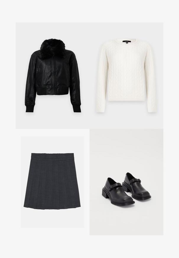 Veste cropped en cuir noir avec un col en fausse fourrure, des poignets à côtes et une taille côtelée. Elle est dotée d'une fermeture éclair à l'avant et de poches latérales.; Pull en maille blanche avec des manches longues, un col rond et un accent décoratif en perles au niveau du col. Texture douce et design ajusté.; Jupe plissée gris foncé avec une taille élastique, dotée d'un tissu texturé et d'une silhouette A-line classique. Convient pour une tenue décontractée.; Chaussures en cuir noir avec un bout arrondi, semelle plate et une sangle avec une boucle décorative. Talon épais pour plus de stabilité.