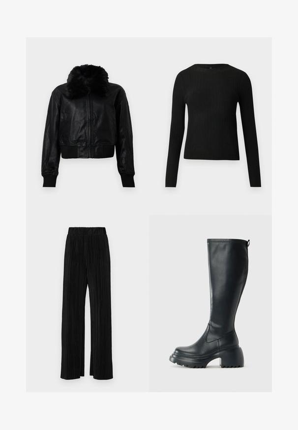 Czarna skórzana krótkia kurtka z kołnierzem z futra syntetycznego, prążkowanymi mankietami i paskiem w talii. Posiada zamek błyskawiczny z przodu oraz kieszenie boczne.; Czarny, prążkowany, dopasowany sweter z długim rękawem i okrągłym dekoltem, wyeksponowany na jednolitym jasnym tle.; Czarne spodnie plisowane z elastycznym paskiem w talii. Posiadają szerokie nogawki oraz gładki, teksturowany materiał z pionowymi paskami.; Wysokie czarne skórzane botki z masywną platformą i słupkowym obcasem, z uchwytem i teksturowanym bieżnikiem na podeszwie.