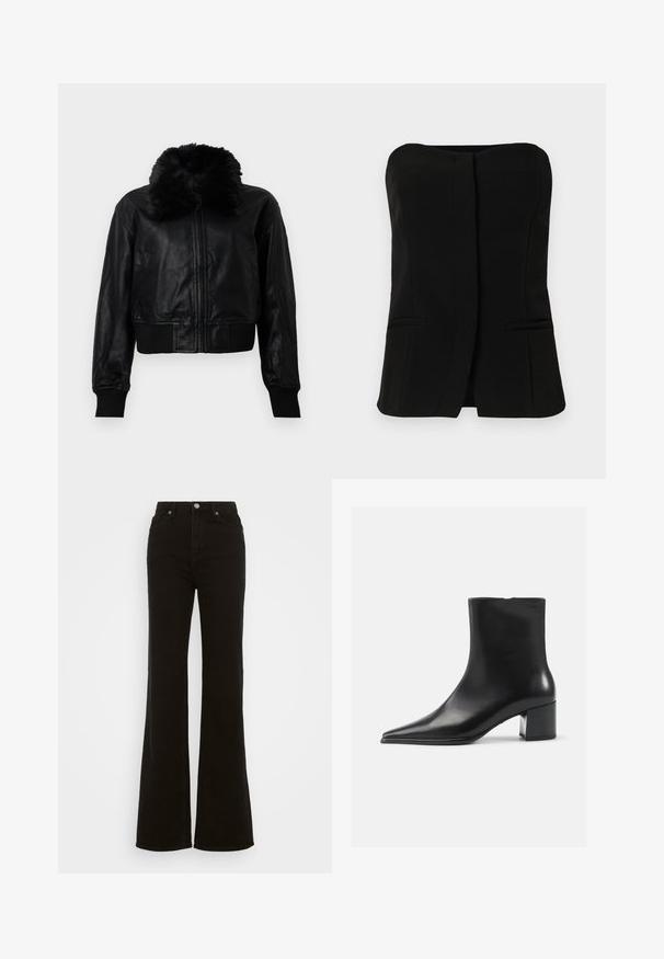 Juoda odinė trumpa striukė su dirbtiniu pūkų apvadu, raukšlėtomis rankovėmis ir juosmeniu. Turi priekinį užtrauktuką ir šonines kišenes.; Juodas be rankovių topas su tiesia iškirpte, priekiniais mygtukais ir dviem paslėptomis šoninėmis kišenėmis. Lygaus audinio pritaikytas dizainas.; Juodos džinsinės kelnės su aukštu liemeniu, platėjančios, turinčios mygtuko užsegimą, šonines kišenes ir lygų paviršių.; Juodas odinis aulinukas iki kulkšnies su smailiu pirštu, lygiu paviršiumi ir vidutinio aukščio blokuotu kulnu. Minimalistinis dizainas, užtrauktukas gale.