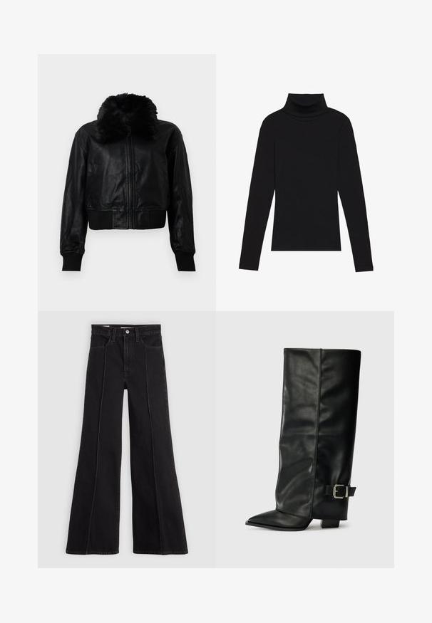 Veste cropped en cuir noir avec un col en fausse fourrure, des poignets à côtes et une taille côtelée. Elle est dotée d'une fermeture éclair à l'avant et de poches latérales.; Haut à manches longues noir à col roulé, fabriqué en tissu côtelé, présente un design ajusté avec un col haut et sans motifs ni accents.; Jeans larges taille haute noirs avec des coutures avant, fermeture boutonnée, passants de ceinture et poches avant sur un fond clair.; Bottes noires en cuir longueur cheville avec un bout pointu, texture lisse et une accent en boucle argentée sur le côté. Talon carré épais.
