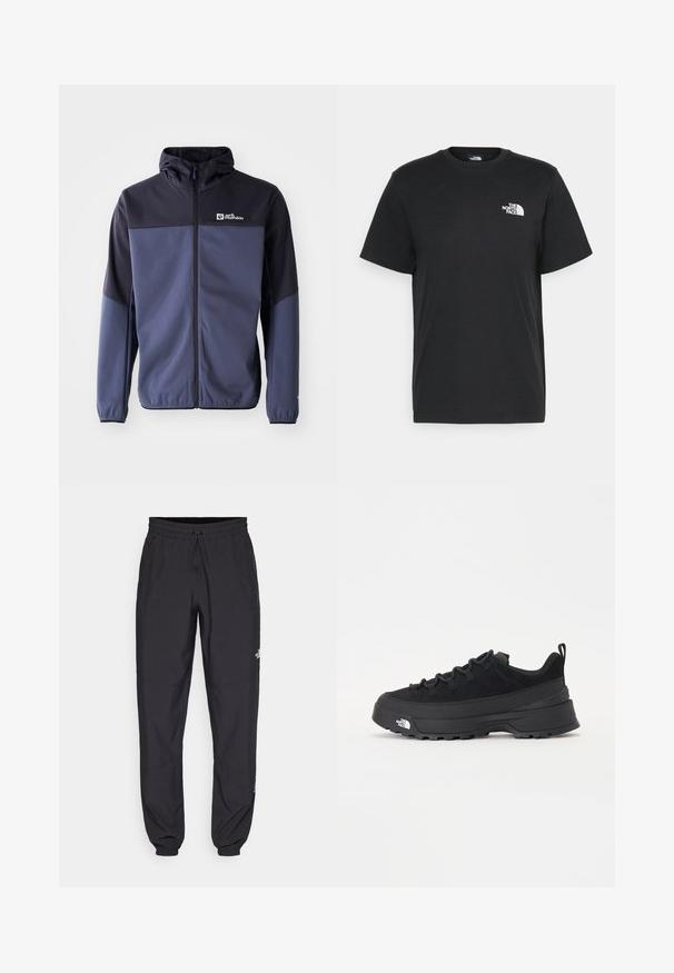 Temno modra jakna iz mehke, teksturirane tkanine; vključuje celoten zadrgo, kapuco in kontrastni črni zgornji del z logotipom na prsih.; Črna bombažna majica s kratkimi rokavi, okroglim izrezom in majhnim belim logotipom na levem prsnem delu. Preprost dizajn, gladka tekstura in sproščen kroj.; Črne atletske hlače iz lahkega materiala, ki imajo elastični pas z vezalko, stranske žepe in zožene manšete na gležnjih.; Črne zunanje teniske s zgornjim delom iz usnja z nubukom, teksturiranim gumijastim podplatom in trdnim vezalnim sistemom. Imajo ojačan petni del in logotip blagovne znamke na strani.