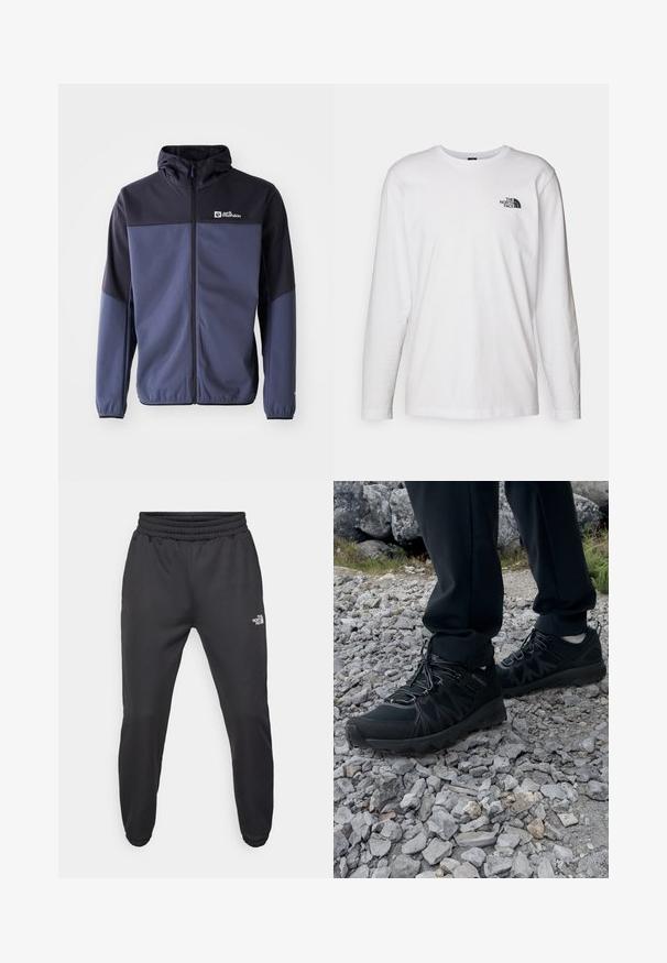 Marineblauwe jas van zacht, gestructureerd materiaal; heeft een volledige rits, capuchon en een contrasterend zwart bovenstuk met een logo op de borst.; Witte lange mouwen T-shirt gemaakt van katoen met een ronde hals. Beschikt over een klein zwart logo op de borst. Soepele textuur, normale pasvorm.; Zwarte sweatpants met een trekkoord in de taille, tapered fit, elastische boorden en een klein wit logo op de linker dij, gemaakt van gladde stof.; Zwarte buitenschoenen van mesh en synthetisch materiaal, met een gestructureerd bovenwerk, een beveiligd vetersysteem en een robuuste zool, op een ruig terrein.