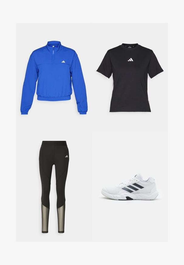 adidas Performance AEROREADY TRAIN ESSENTIALS QUARTER ZIP - Tréning dzseki - semi lucid blue; Fekete, rövid ujjú póló puha anyagból. Fehér Adidas logóval és kontrasztos fehér csíkokkal az oldalin.; Fekete sport leggings, magas derékkal, hálós díszítéssel az alsó lábszárakon és hímzett logóval a csípőn.; Fehér sportcipő, hálós felsőrésszel, az oldalon három fekete csíkkal, textúrázott részletekkel és egy tartós gumi talppal, amelynek ellentétes fekete szakasza van.