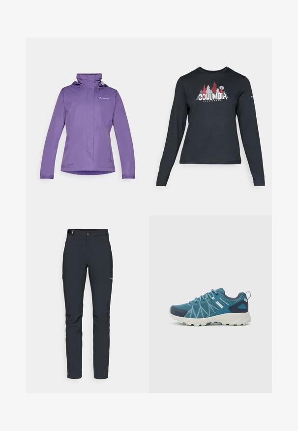Violetinis vandeniui nepralaidus džemperis su aukštu apykakle, reguliuojama kapota ir ilgomis rankovėmis. Pasižymi lygiu paviršiumi ir atspindinčiu logotipu.; Ilga rankovė tamsiai pilka marškinėliai su raudonų medžių ir kalnų grafika; drąsaus baltos spalvos teksto "COLUMBIA" logotipas. Minkšta medžiaga, standartinis apvalus kaklas.; Vyrų lauko kelnės, tamsiai pilkos, pagamintos iš elastingos medžiagos, su diržu, užtrauktukais užtraukiamomis kišenėmis ir sustiprinta siūle.; Columbia PEAKFREAK™ II OUTDRY™ - Turistiniai batai - blue heron/skylight