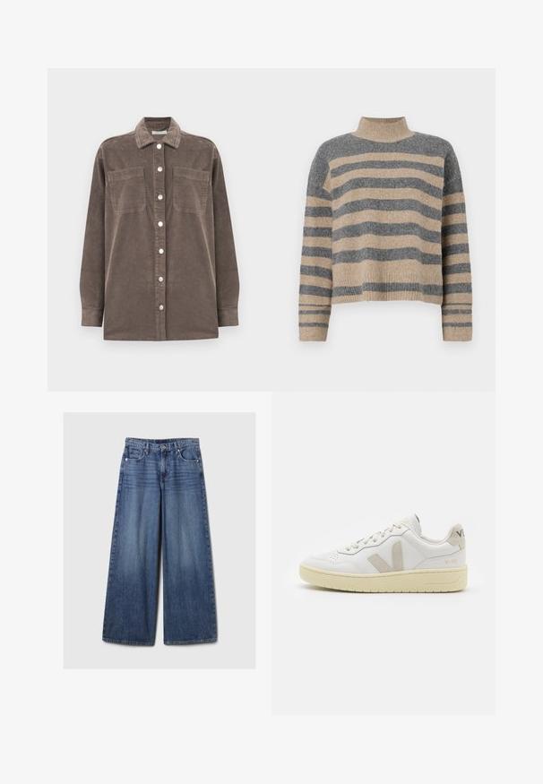 pruunist sametist särk, millel on krae, eest nupukinnitus ja kaks rinnataskut. Omab pikkasid varrukaid ja tekstuuriga kangaseltsi.; Triibuline kudumipusa, millel on hallid ja beezid toonid, kõrge kaelus, laiad mansetid ja vabalt langev lõige koos lühendatud disainiga.; Laiad sinised denimpüksid, millel on pleekinud viimistlus, nupp ja lukuga sulgemine, viis taskut ning vööaasad.; Valge nahast tenniseking, millel on beežist siidist aktsent ja aukudega varvas, lame paelad ja tekstureeritud koorevärvi tallad. Omab nüansirikast brändimist kannal.