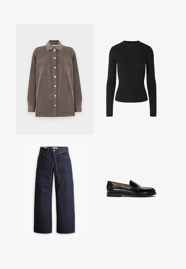 Brūns korduroja krekls ar apkakli, priekšējo pogu aizdari un divām krūšu kabatām. Ar garām piedurknēm un teksturētu auduma dizainu.; Melns ribots džemperis ar garām piedurknēm un apaļu izgriezumu, pieguloša silueta, ar gludu tekstūru visā virsmā.; Plati zili džinsi ar augstu jostasvietu, ar šnaukaša saišu, piecām kabatām un kontrastējošiem šuvju akcentiem.; Melnas ādas loferes ar noapaļotu purngalu, viegli uzvelkamas un ar diskrētām dūrieniem augšdaļā. Vienkārša gumijas zole.