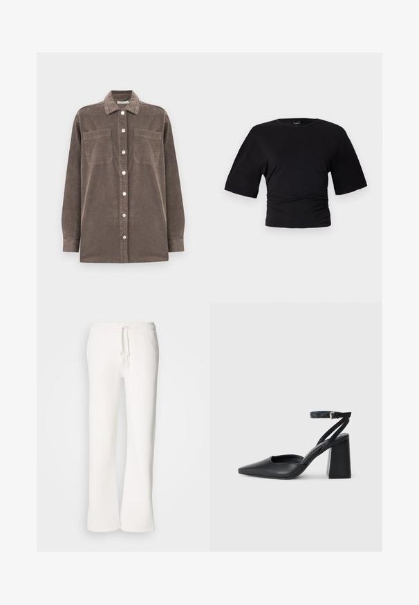 Smeđi korduroj košulja s ovratnikom, prednjim kopčanjem na gumbe i dva džepa na prsima. Ima duge rukave i teksturirani uzorak tkanine.; Gina Tricot SOFT TOUCH RUCHED TEE - Osnovna majica kratkih rukava - black; Bijele, opuštene hlače od flisa izrađene od mekog materijala, s elastičnim pojasom i vezicom te ravnim nogavicama.; Crne kožne cipele s špicastim vrhom, remenom oko gležnja i debelim potplatom. Ravna tekstura, elegantan dizajn i minimalistička estetika.