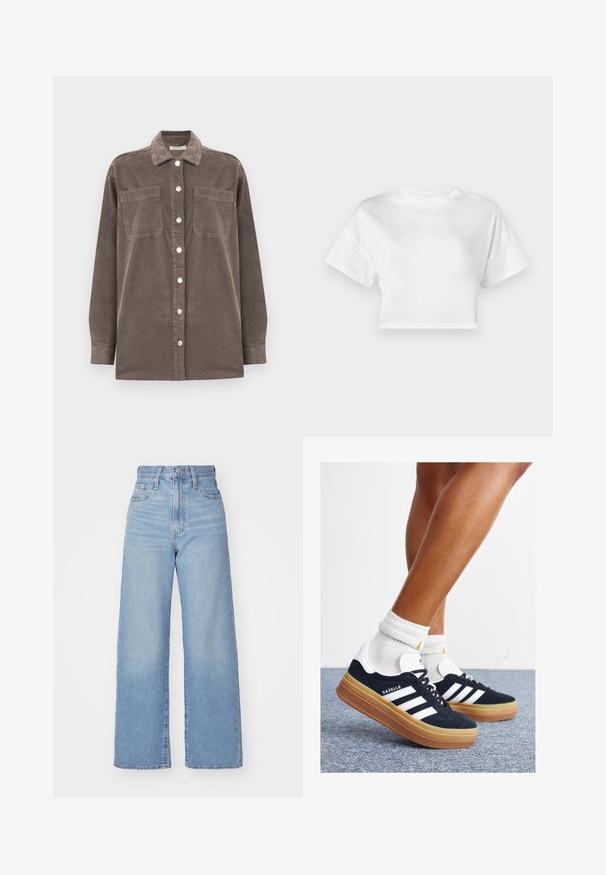 Barna kordbársony ing gallérral, elülső gombzáródással és két mellzsebbel. Hosszúujjú és textúrált szövetmintával rendelkezik.; Fehér, pamutból készült rövid ujjú, crop szabású póló. Kerek nyakrész, sima textúra, laza dizájn minta vagy díszítés nélkül.; Világoskék, magas derekú, bő szárú farmernadrág, elülső gombbal és cipzárral, elülső és hátsó zsebekkel, fehér háttérrel.; Fekete velúr sportcipő fehér csíkokkal és díszítésekkel, lekerekített orral, gumitalpú külső résszel, fehér bordázott bokazoknival párosítva.