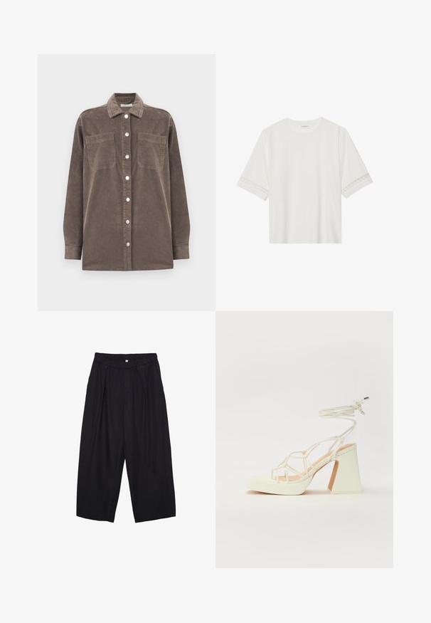Rjava kordurojska srajca s ovratnikom, sprednjim gumbom in dvema žepoma na prsih. Ima dolge rokave in teksturirano tkanino.; Bela kratka majica s kratkimi rokavi iz bombaža, okrašena z dekorativnim čipkastim robom ob rokavih in okroglo izrezom.; Črne poliesterske culotte hlače z elastičnim pasom, dvema sprednjima nabiranjema in ohlapnim krojem. Brez vidnih vzorcev ali kovinskih detajlov.; Bela sandala na visokih petah s debelim petam, ki ima obliko trakcev in vezanje okoli gležnja. Gladka tekstura z platformo spredaj za dodatno višino.