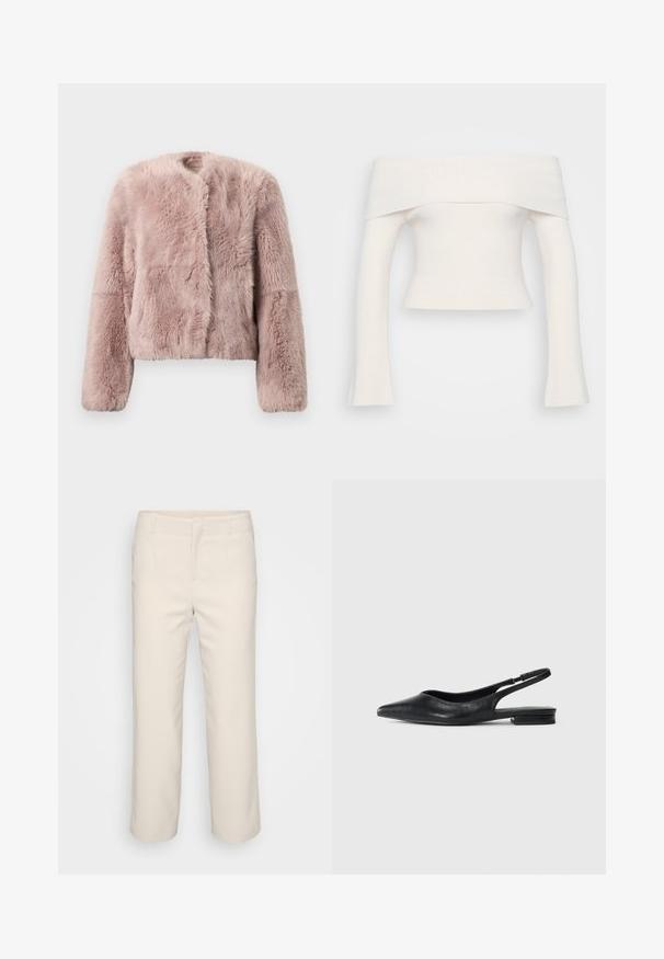 Roosa kunstkarusnahast jakk, millel on lühike disain, ümar kaelus ja pikad varrukad, millel on erinevad tekstuurid kangas.; Valgest off-the-shoulder ribakootud topp. Lühikesed varrukad, mis on pihikutes avarad. Pehme tekstuur, minimaalne disain.; Beige, kohandatud püksid otsejalaga, lamedalt esiosaga ja kahe küljetaskuga. Valmistatud siledast kangast puhtal viimistlusel.; Mustaväärä, madalate kontsaga slingback kingad terava nina ja õhukese elastse rihmaga, minimalistlik disain lihtsal valgel taustal.