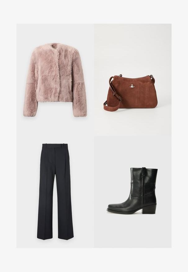 Ružasti lažni krzneni kaput s krojenjem iznad struka, okruglim izrezom i dugim rukavima koji imaju različite teksture kroz cijelu tkaninu.; Bež pleteni pulover s rebrastom, dubokim V-izrezom, dugim rukavima i teksturiranim panelom na prsima. Skraćena dužina s opuštenim krojem.; Tamno plave prugaste hlače visokog struka, širokih nogavica, bez vidljive opreme ili ukrasa. Glatka tekstura i kroj prilagođen tijelu.; Crne kožne čizme do članaka s okruglim vrhom, blok potpeticom, bočnim patentnim zatvaračem i detaljima od šavova na gornjem dijelu. Glatka tekstura, klasičan dizajn.; Smeđi nubuk torba s zatvaranjem na patent, podesivim naramenicama i srebrnim detaljima, s blagom teksturiranom površinom.