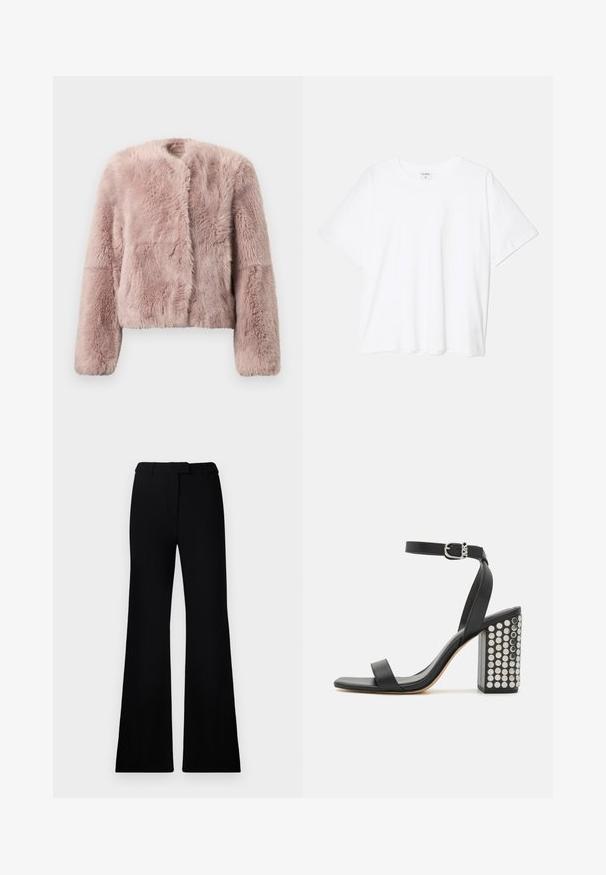 Rožinis dirbtinio kailio švarkas su trumpa forma, apvaliu kaklu ir ilgomis rankovėmis, kurių audinys pasižymi skirtingomis tekstūromis.; Balta medvilnės marškinėliai trumpomis rankovėmis, apvalia iškirpte, laisvo kirpimo ir su siūtu kraštu. Etiketė matoma vidinėje iškirptės pusėje.; Juodos platėjančios kelnės su lygiu paviršiumi, pritaikyta juosmeniu ir priekinių kišenių dizainu, sukurtos su modernia, elegantiška siluetu.; Juodos odinės aukštakulnės šlepetės su kulkšnies dirželiu. Yra kvadratinis pirštas, lygus paviršius ir kvadratinis bloko kulnas, papuoštas sidabriniais nagais.