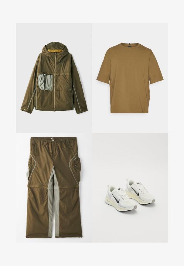 Oljčno zelena lahko jakna s kapuco, z zadrgo spredaj, velikim sivim žepom, odsevnimi detajli in nastavljivimi vrvmi na kapuci.; Kratka majica s kratkimi rokavi, rjave barve, izdelana iz mehkega materiala, z okroglo izrezano ovratnikom in stranskimi odprtinami za dodatno udobje. Preprost, neokrašen dizajn.; Rjave lahke hlače z sivimi stranskimi paneli, elastičnim pasom in več stranskimi žepi. Teksturna tkanina z diskretnim sijajem.; Tekstilni tekaški čevlji iz belega zračno prepustnega mrežastega materiala s svetlo sivo barvo. Vsebujejo črn logotip Swoosh in svetlo sivo gumo na podplatu.