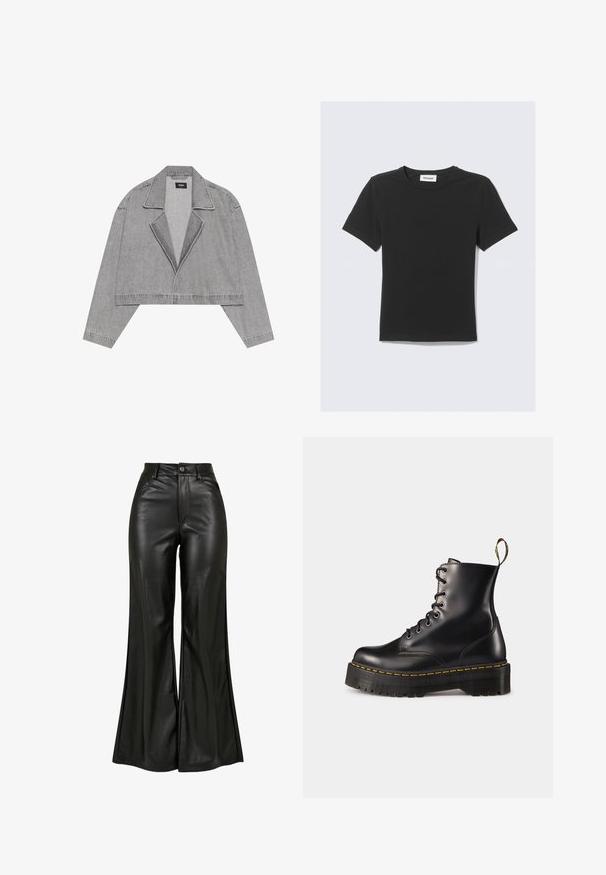 Halli halliga denimist jakki, millel on nurgatagused kraed, avatud esiosa ja pikad varrukad. Minimalistlik disain koos peente õmblusdetailidega.; Mustast pehmest puuvillast lühikeste varrukatega T-särk, millel on ümara kaelusega ja regulaarne lõige, ilma nähtavate mustrite või aktsentideta.; Mustad nahast laiad püksid siledast tekstuurist, kõrgema vöökohtaga, nupuga kinnitamine ja ees olevad taskud. Laia jalaga disain ja poleeritud viimistlus.; Mustad musta nahast kingad, millel on paks must solk ja kollane õmblus. Tagaküljel on tõmblõng ja ümmargused metallisest silmad.