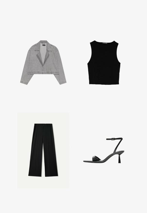 Giacca cropped grigia in denim, con colletto a rever, apertura frontale e maniche lunghe. Design minimalista con dettagli di cucitura sottili.; Top corto senza maniche nero realizzato in tessuto liscio, con scollatura rotonda e un design pulito e semplice, privo di pattern o accessori.; Bershka WIDE - Pantaloni - black; Bershka Sandali con tacco - black